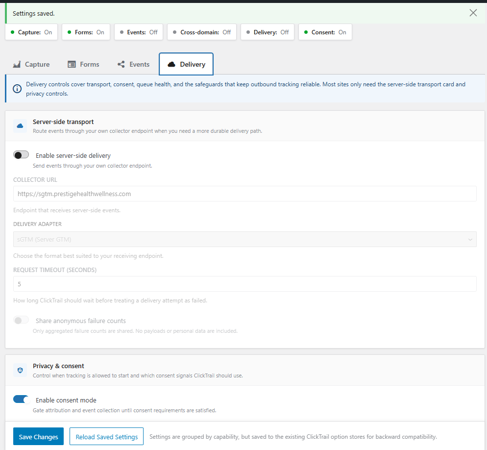 Tela unificada de configuracoes do ClickTrail no admin do WordPress
