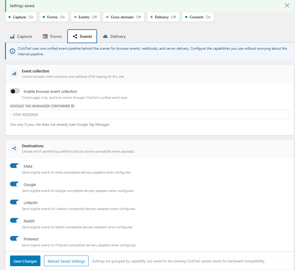 Diagnosticos e saude de entrega do ClickTrail no admin do WordPress